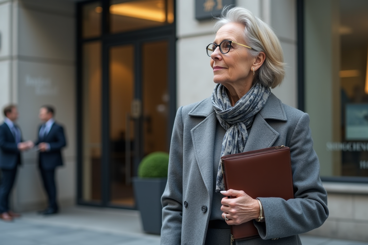 Femme professionnelle devant un bâtiment financier européen