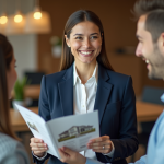 Femme professionnelle souriante en agence immobiliere