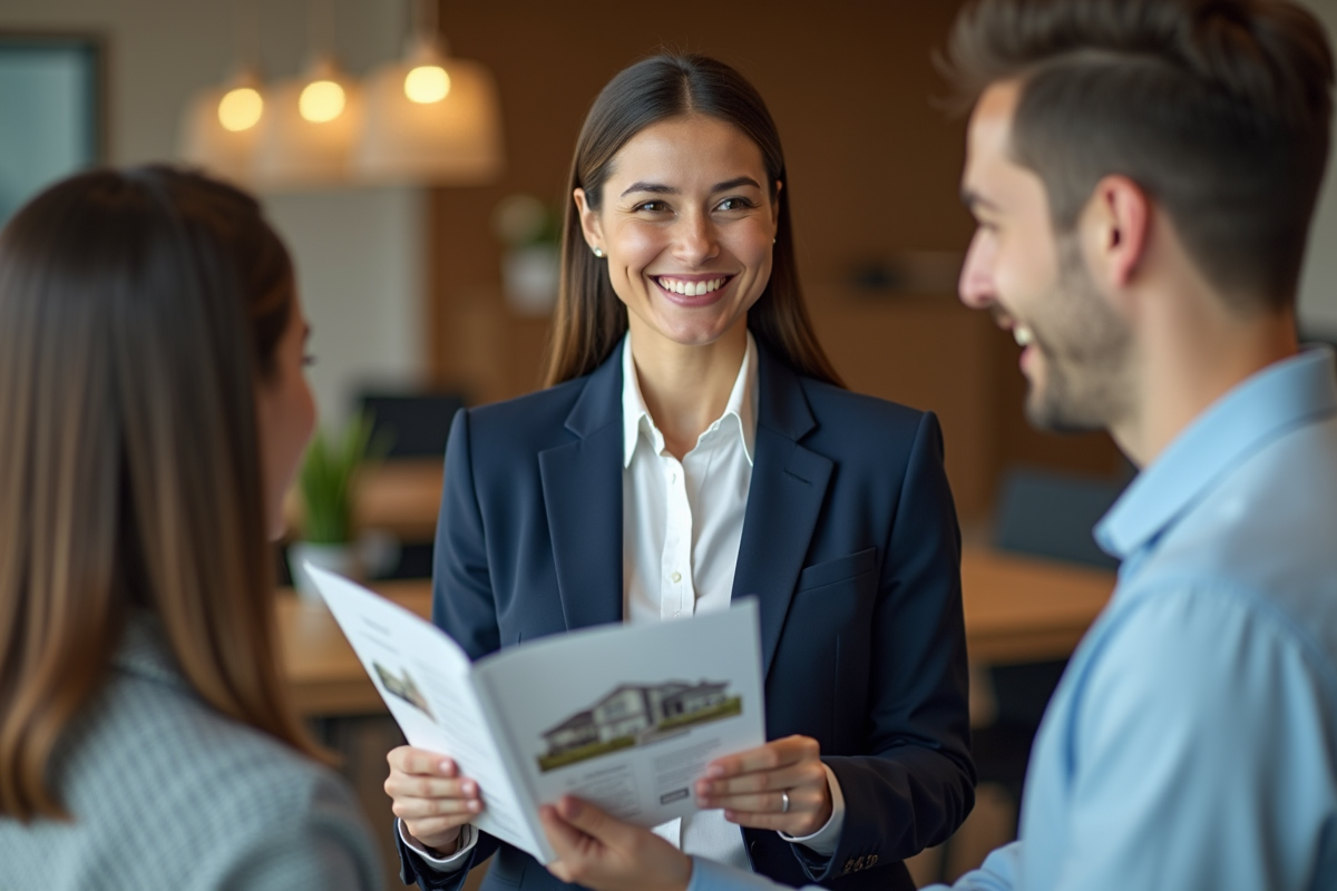 Femme professionnelle souriante en agence immobiliere