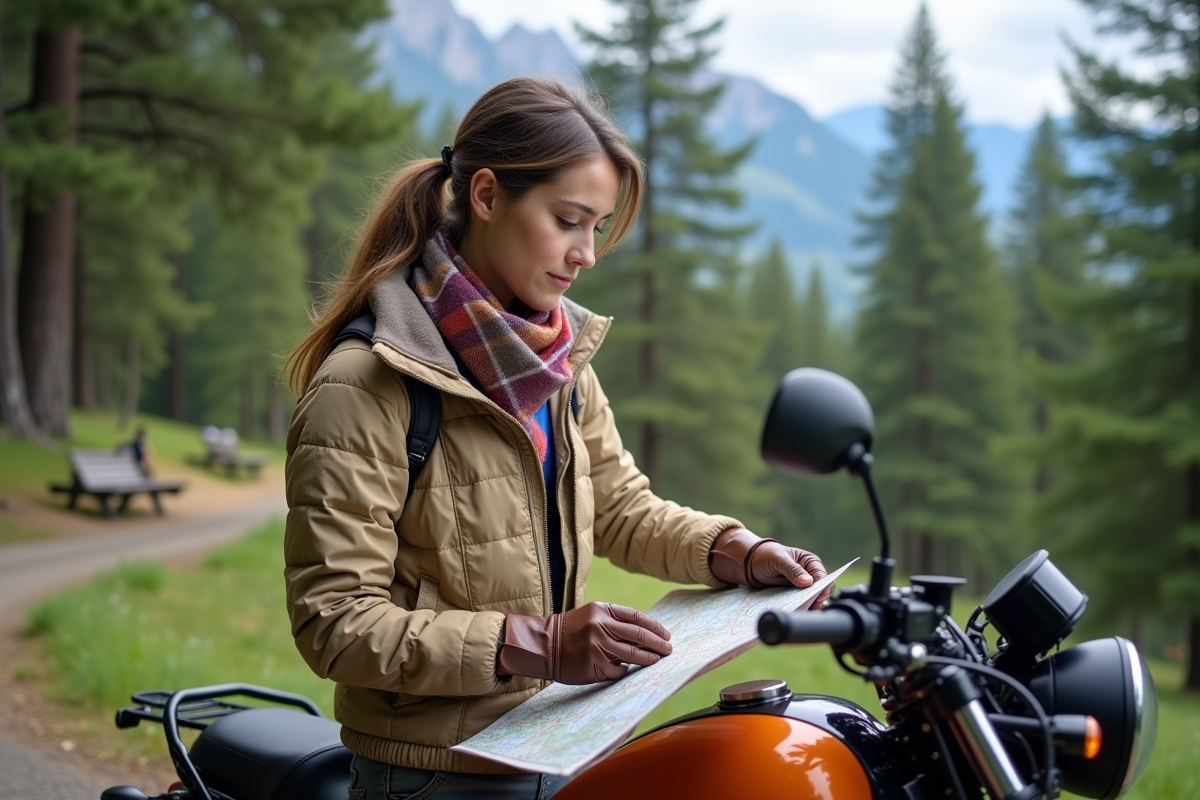 Jeune femme consulte une carte sur sa moto en forêt