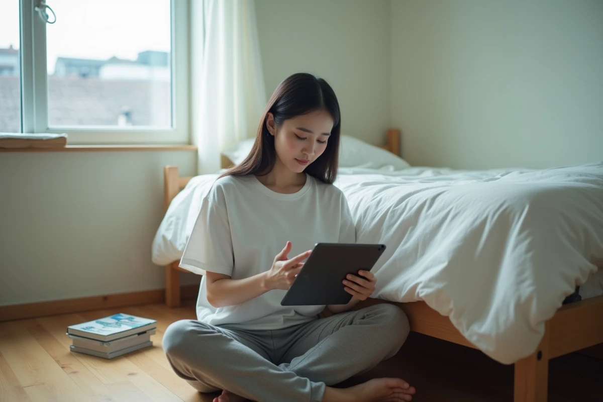 Jeune femme lisant le récapitulatif du chapitre One Piece 1143 sur tablette dans sa chambre