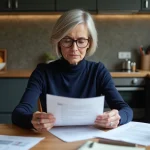Femme d'âge moyen lisant une lettre officielle dans la cuisine