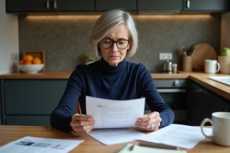 Femme d'âge moyen lisant une lettre officielle dans la cuisine