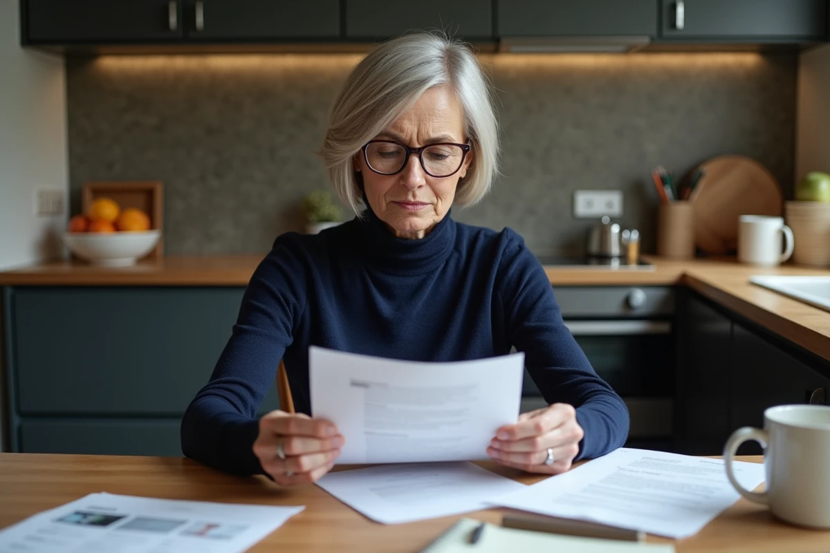 Femme d'âge moyen lisant une lettre officielle dans la cuisine