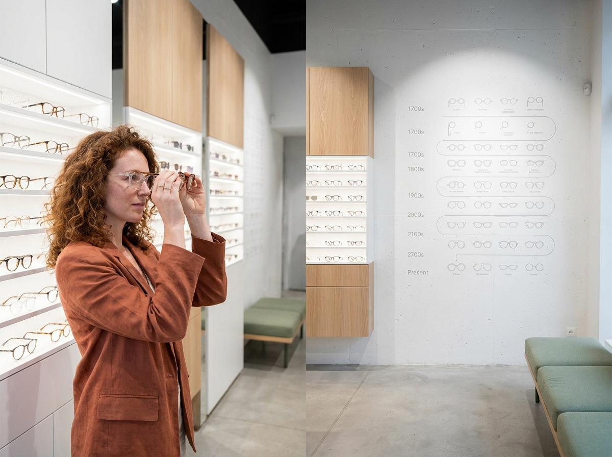 Femme choisissant des lunettes contemporaines en acétate dans une boutique d'optique moderne à Rennes avec une frise historique de l'évolution des montures