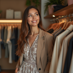 Femme élégante en boutique portant robe midi et blazer
