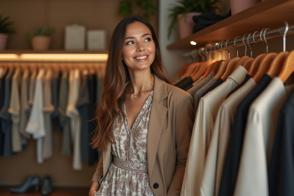 Femme élégante en boutique portant robe midi et blazer