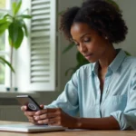 Femme en Martinique consultant l'heure sur son smartphone avec deux fuseaux horaires affichés