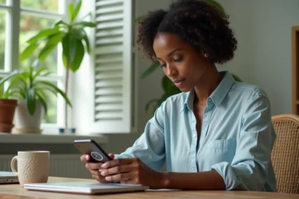 Femme en Martinique consultant l'heure sur son smartphone avec deux fuseaux horaires affichés