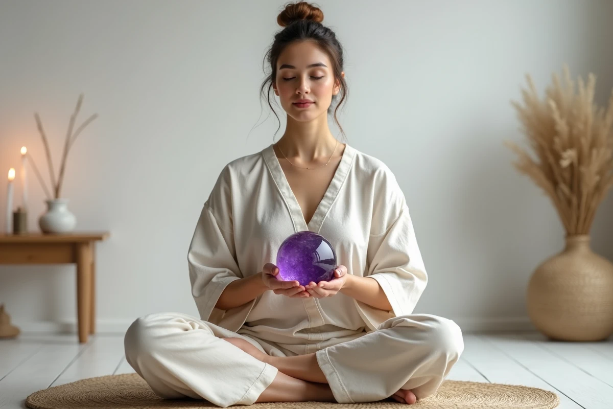 Femme en méditation tenant une sphère d'améthyste violette, pratique de protection énergétique par les pierres précieuses