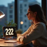 Femme réfléchissant à son bureau à la maison au crépuscule