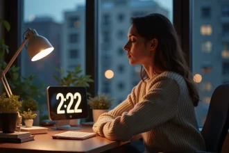 Femme réfléchissant à son bureau à la maison au crépuscule