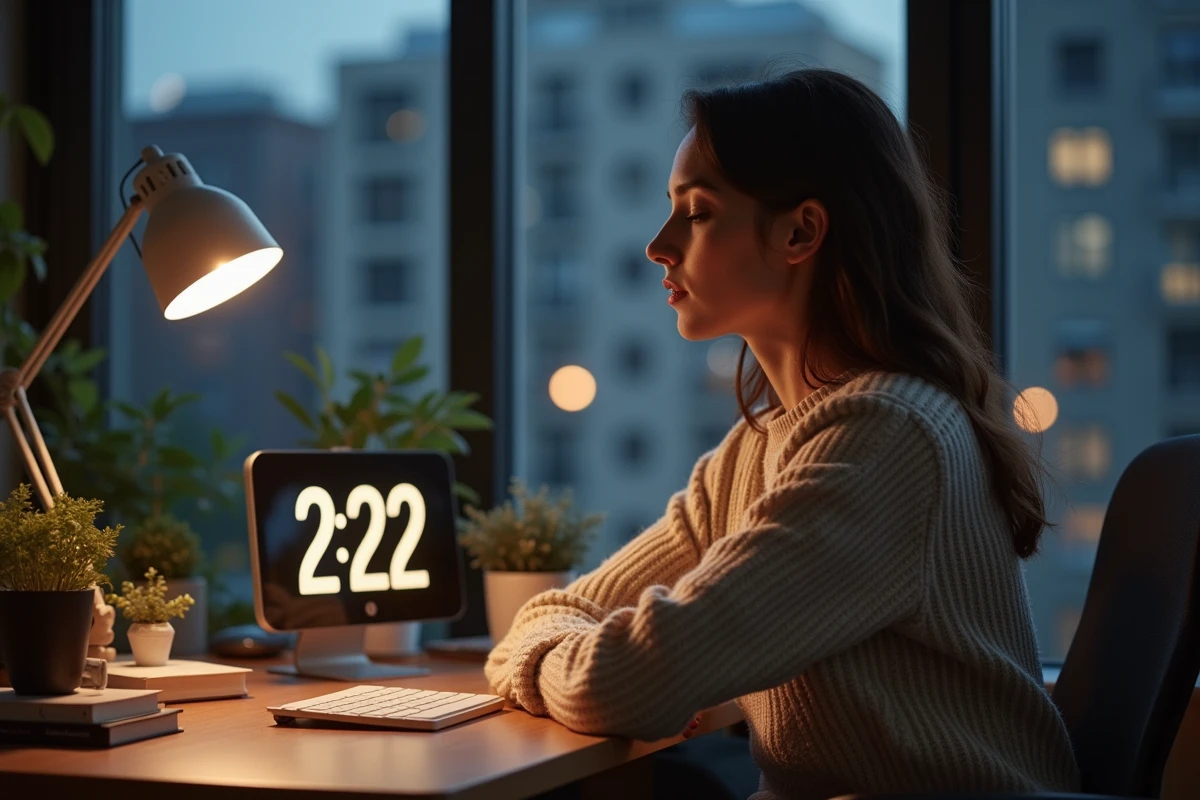 Femme réfléchissant à son bureau à la maison au crépuscule