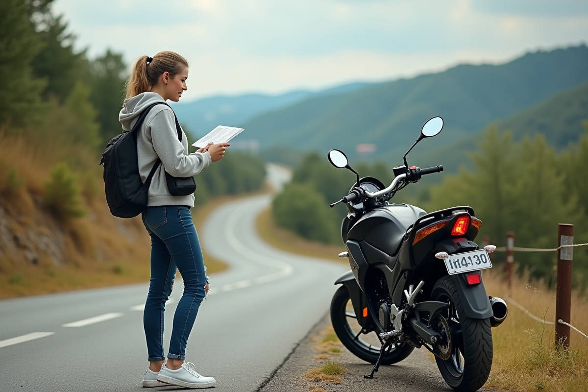 Femme regardant une moto Dax 125cc en nature