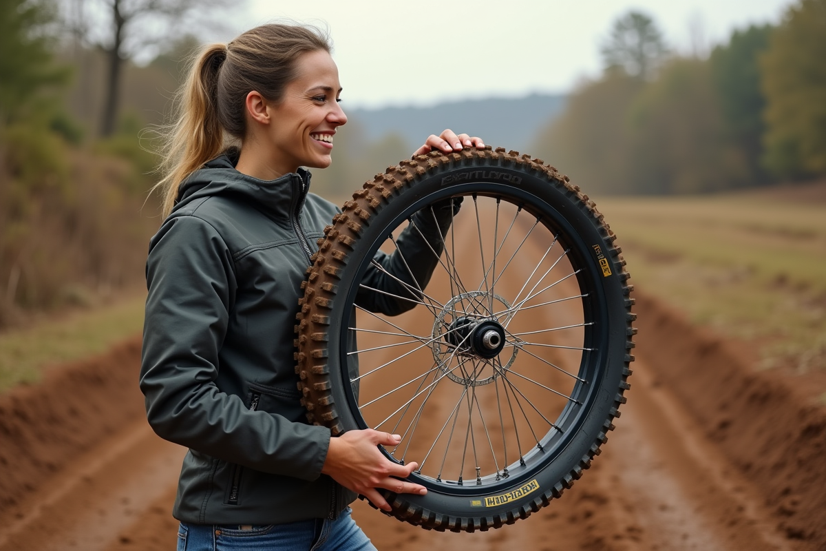 Femme tenant une roue de dirt lors d