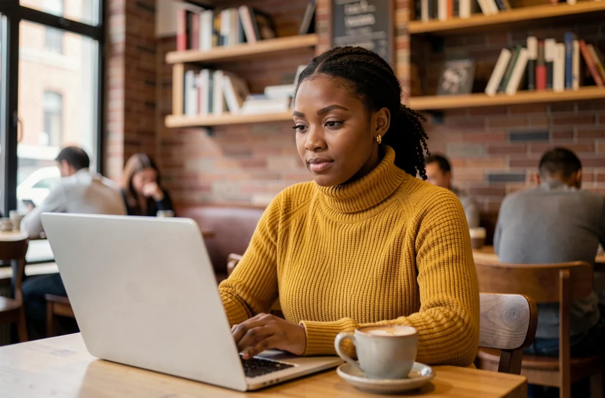 Jeune femme noire concentrée sur son ordinateur portable dans un café chaleureux aux murs en briques
