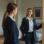 Jeune femme en tailleur navy se regardant dans un miroir
