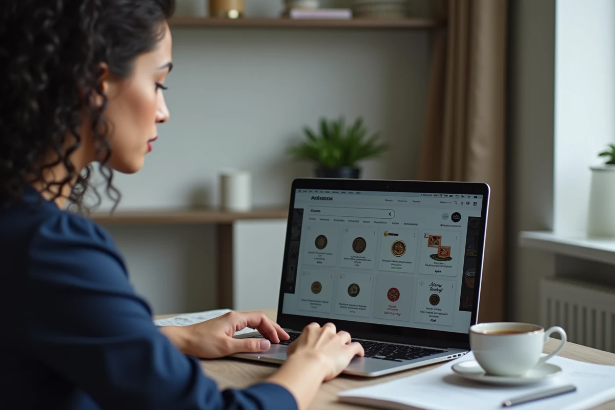 Femme consultant une plateforme de vente de collections en ligne sur son ordinateur portable