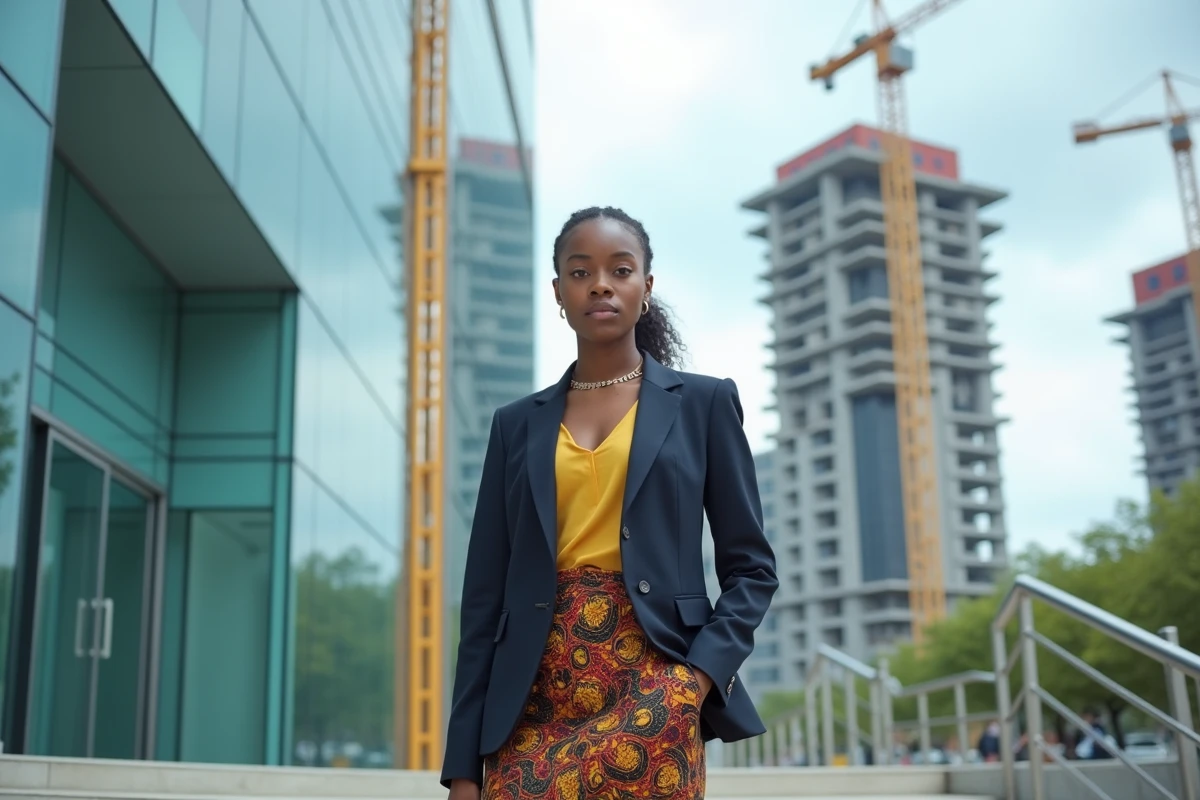 Jeune femme professionnelle africaine devant un immeuble moderne symbolisant la croissance économique et démographique des pays émergents