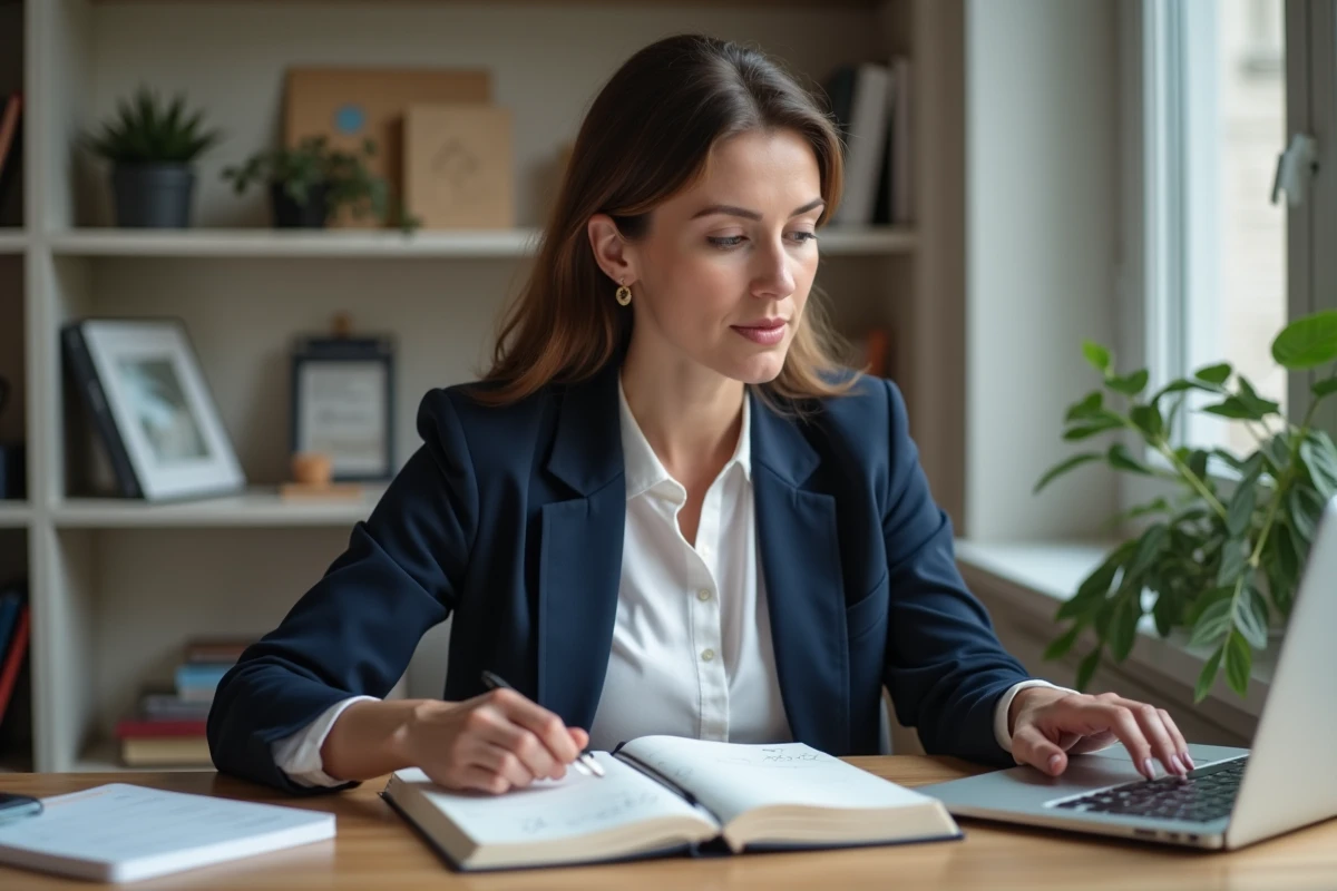 Femme consultant un numéro de téléphone grec avec l'indicatif 30 sur son ordinateur portable dans un bureau à domicile