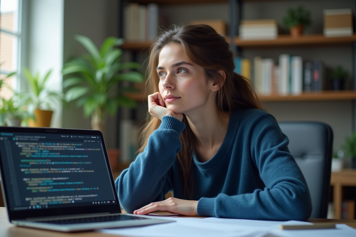Femme pensant dans un bureau lumineux avec ordinateur et livres