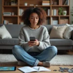 Femme concentrée avec carnet et puzzle dans un salon cosy