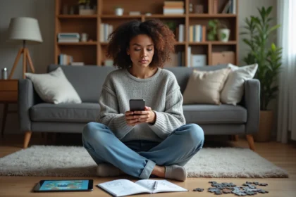 Femme concentrée avec carnet et puzzle dans un salon cosy