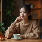 Femme méditative en intérieur avec figurine chinoise