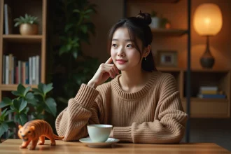 Femme méditative en intérieur avec figurine chinoise