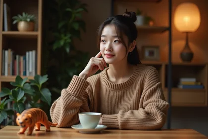 Femme méditative en intérieur avec figurine chinoise