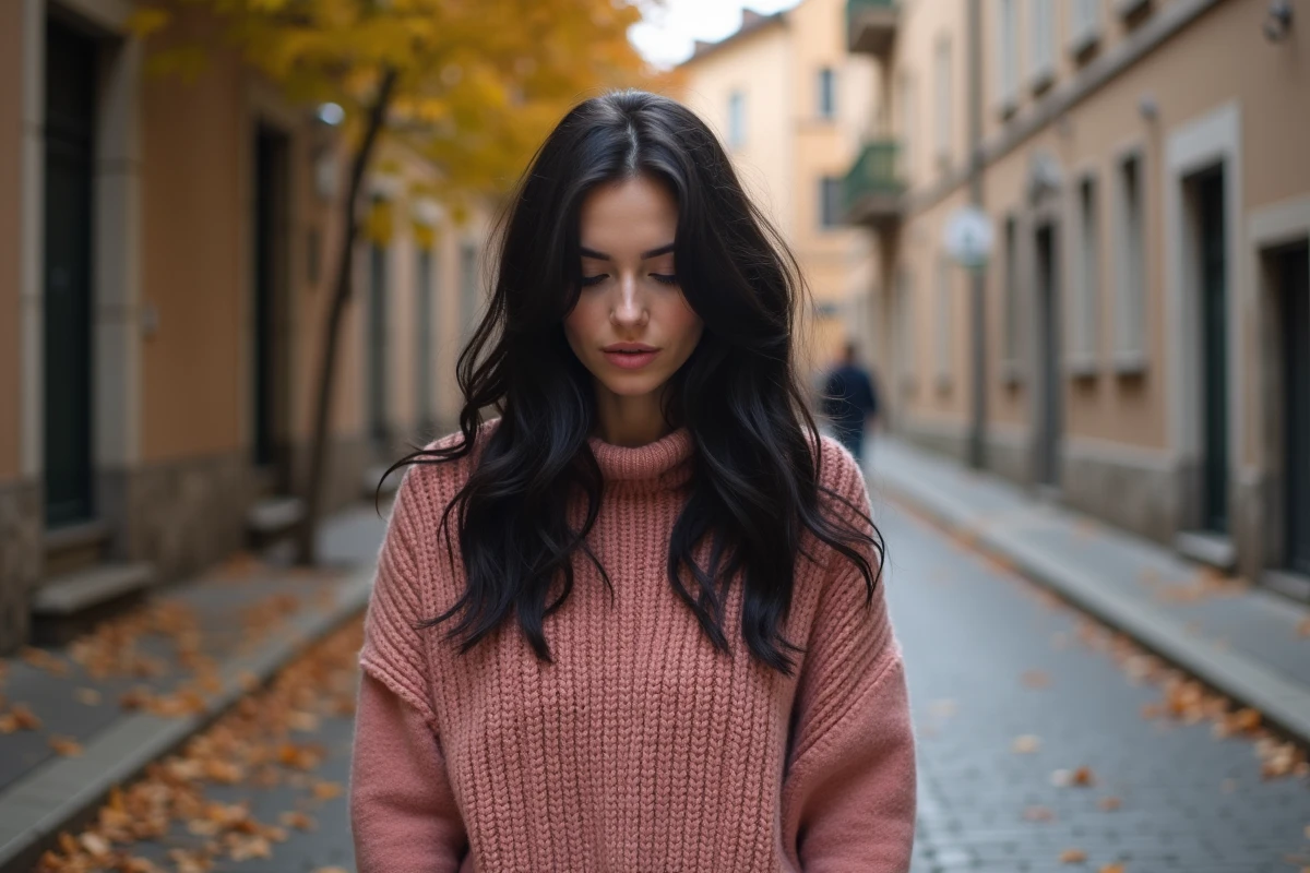 Femme aux yeux baissés dans une rue pavée en automne, illustrant la signification du regard fuyant et du langage corporel non verbal
