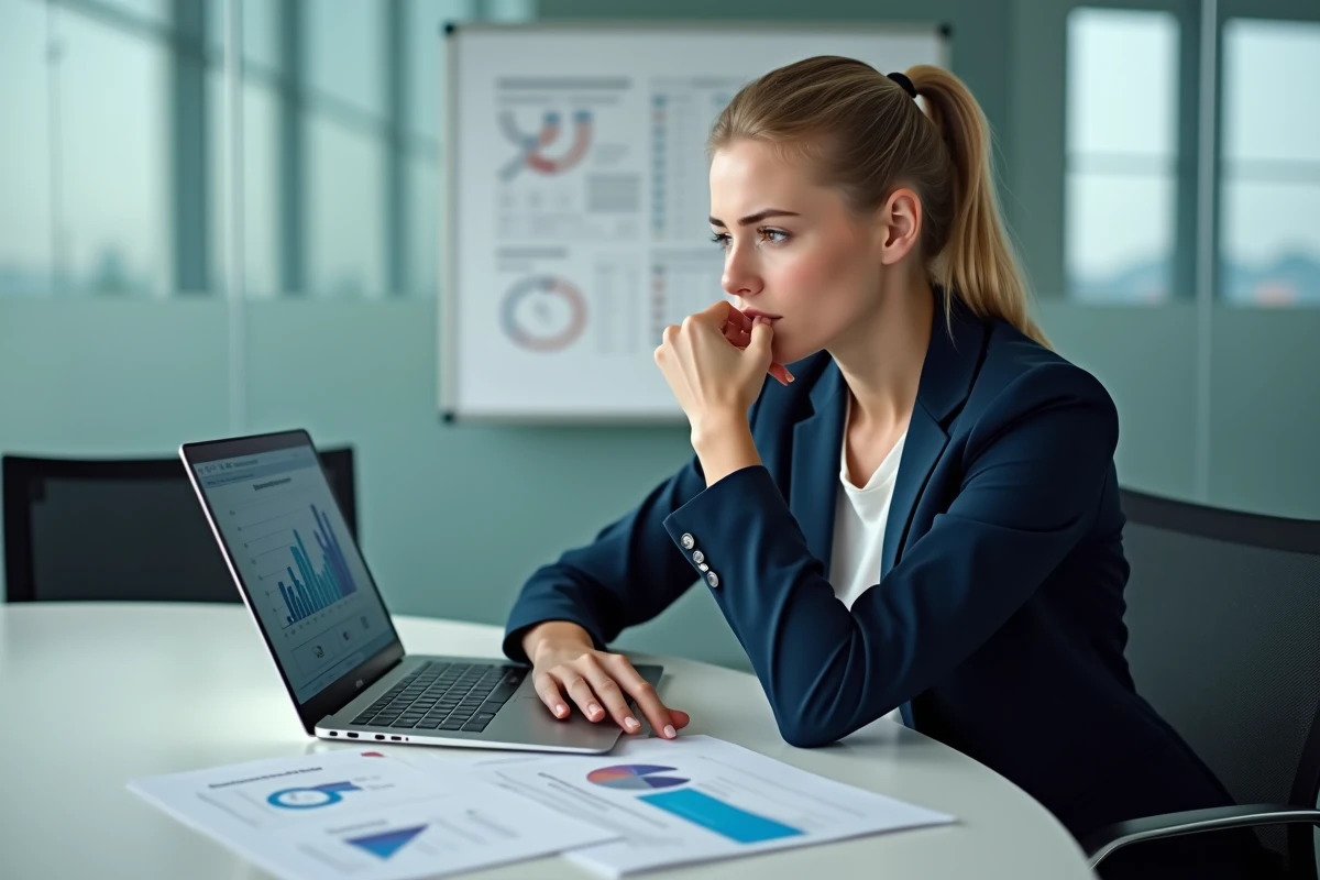 Jeune femme en réunion analysant des documents et un tableau
