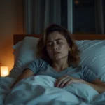 Femme qui rêve d'accident de voiture pendant son sommeil, expression troublée dans un lit défait la nuit
