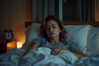 Femme qui rêve d'accident de voiture pendant son sommeil, expression troublée dans un lit défait la nuit