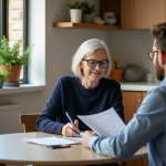 Femme de 55 ans en pull bleu regardant des documents avec un conseiller financier