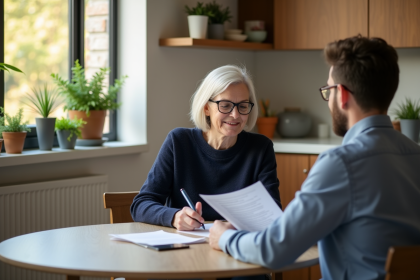 Femme de 55 ans en pull bleu regardant des documents avec un conseiller financier