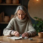 Femme méditant avec rune dans une ambiance chaleureuse