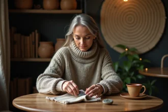 Femme méditant avec rune dans une ambiance chaleureuse
