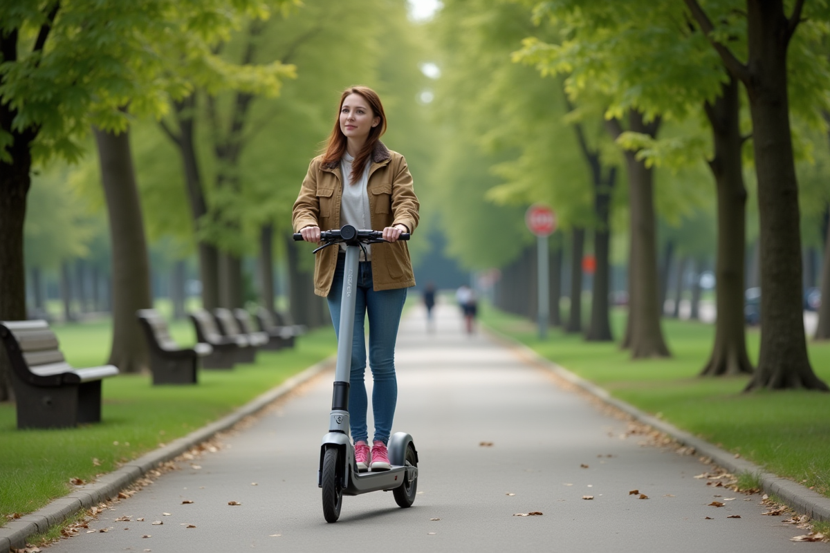 Femme en scooter autonome dans un parc verdoyant