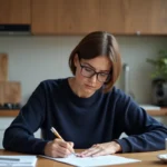 Femme d'âge moyen signant un document dans une cuisine moderne