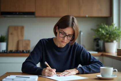 Femme d'âge moyen signant un document dans une cuisine moderne