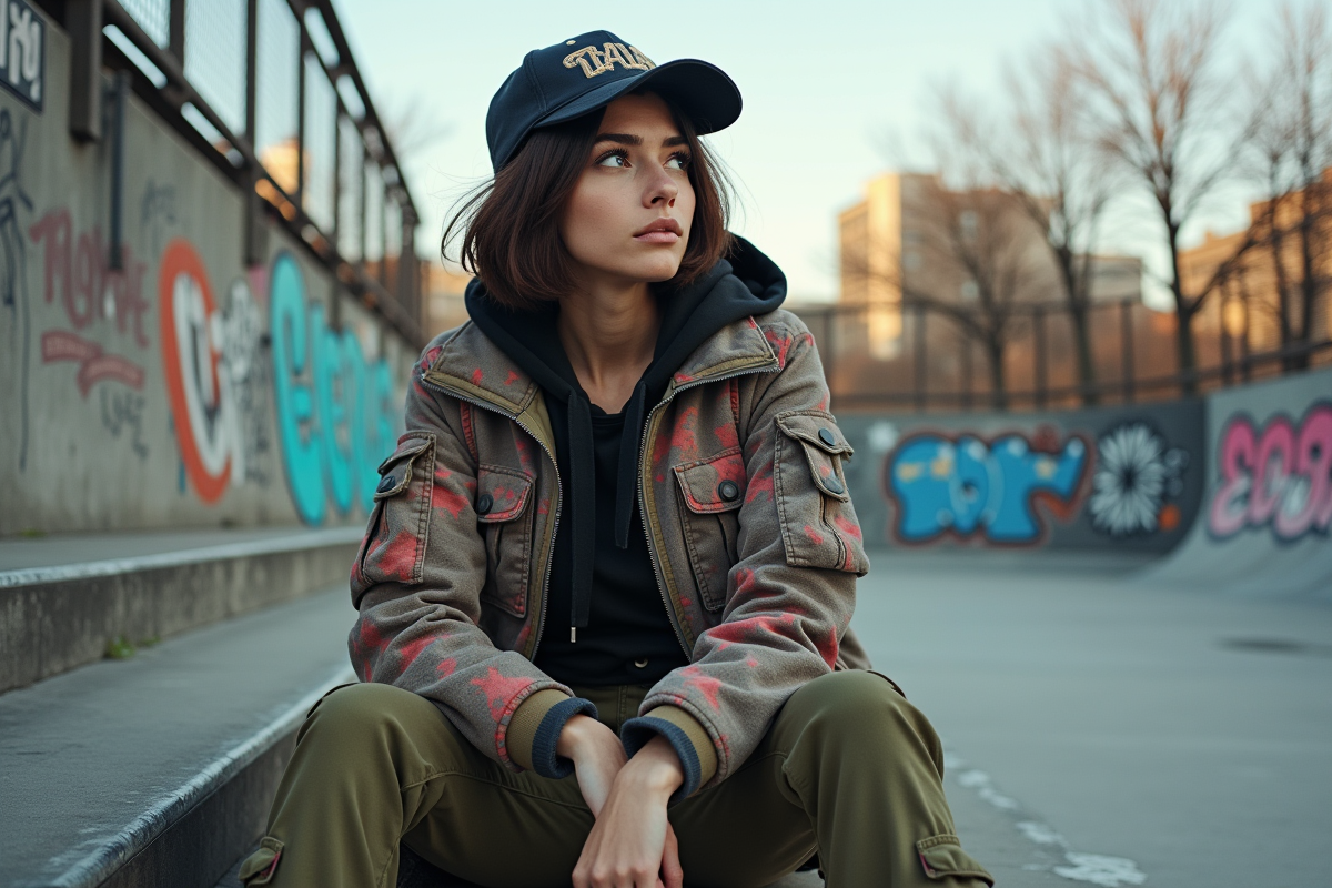 Femme en streetwear dans un skatepark urbain