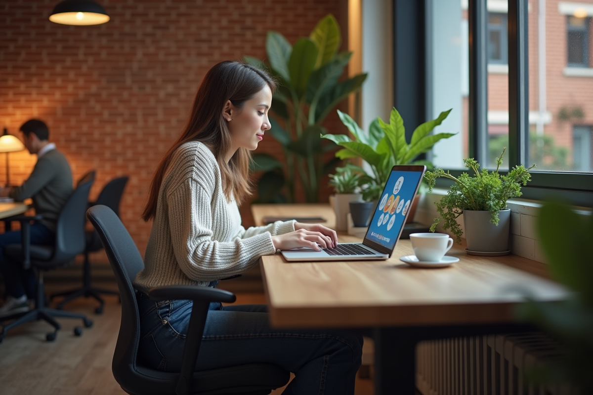 Jeune femme en coworking lors d un appel vidéo