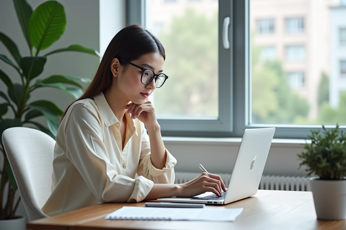 Jeune femme prenant des notes devant son ordinateur dans un bureau moderne