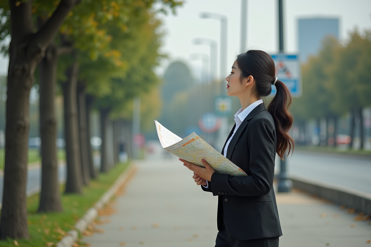 Jeune femme observant un nouveau lotissement en ville