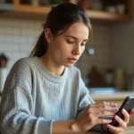 Jeune femme utilisant l'application Faljam sur son smartphone dans une cuisine moderne