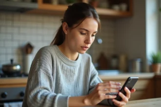 Jeune femme utilisant l'application Faljam sur son smartphone dans une cuisine moderne