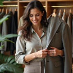 Femme examinant un blazer en boutique élégante