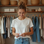 Jeune femme examine étiquette de vêtement écologique dans boutique