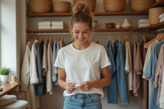 Jeune femme examine étiquette de vêtement écologique dans boutique